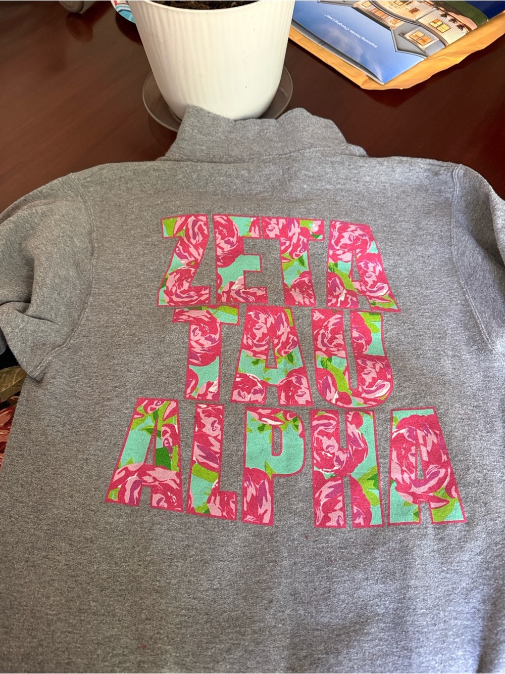 Jerzees Gray Sweatshirt with Pink & Green Floral 'ZETA TAU ALPHA' Graphic